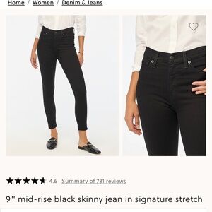 NWT J. Crew 9 inch Mid Rise Super Stretch Skinny Black Jeans 31